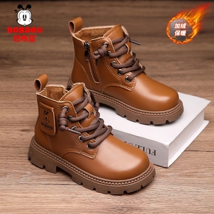 皮面防水加绒保暖儿童男孩子中大童棉鞋 巴布豆男童马丁靴冬季 新款