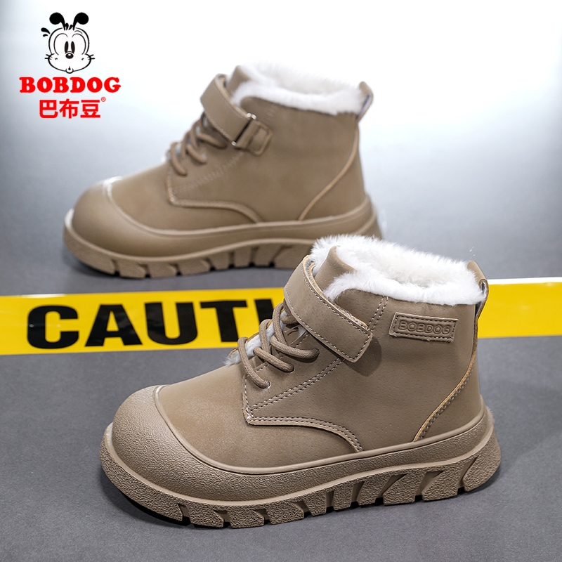 巴布豆男童棉靴2025秋冬季新款皮面加绒棉鞋男孩子户外儿童马丁靴