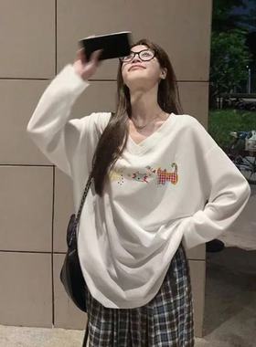 2025新款300斤大码胖妹妹德绒长袖春秋冬季女生长袖衫V领宽松上衣