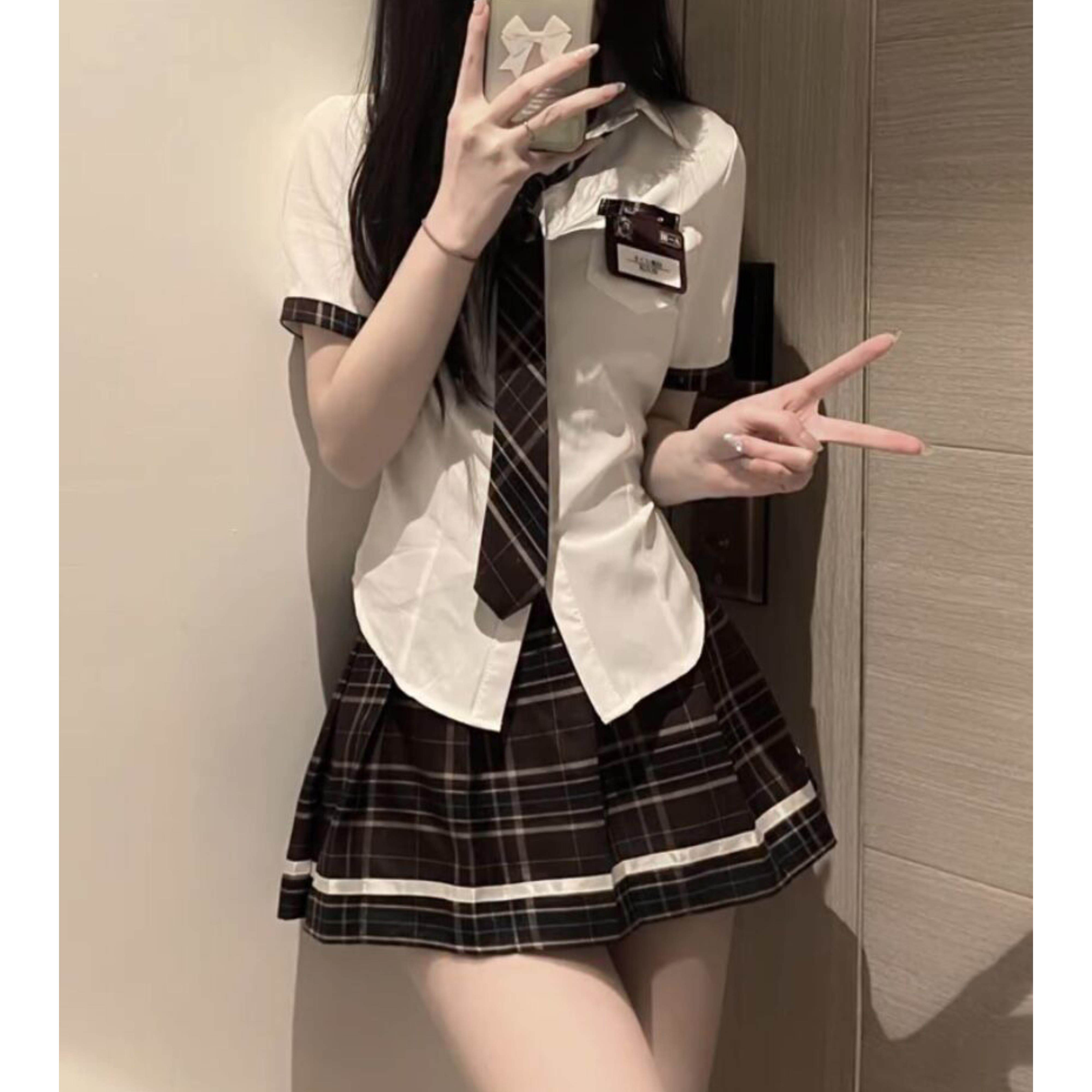 JK制服套装辣妹显瘦收腰衬衫女学院风纯欲风性感超短百褶裙两件套
