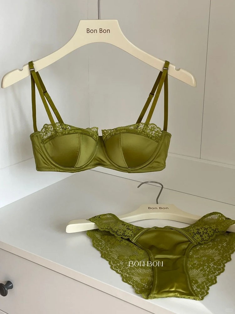 迷人半杯法式蕾丝胸罩内裤套装性感内衣女薄款聚拢文胸春夏季绿色