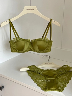 迷人半杯法式蕾丝胸罩内裤套装性感内衣女薄款聚拢文胸春夏季绿色
