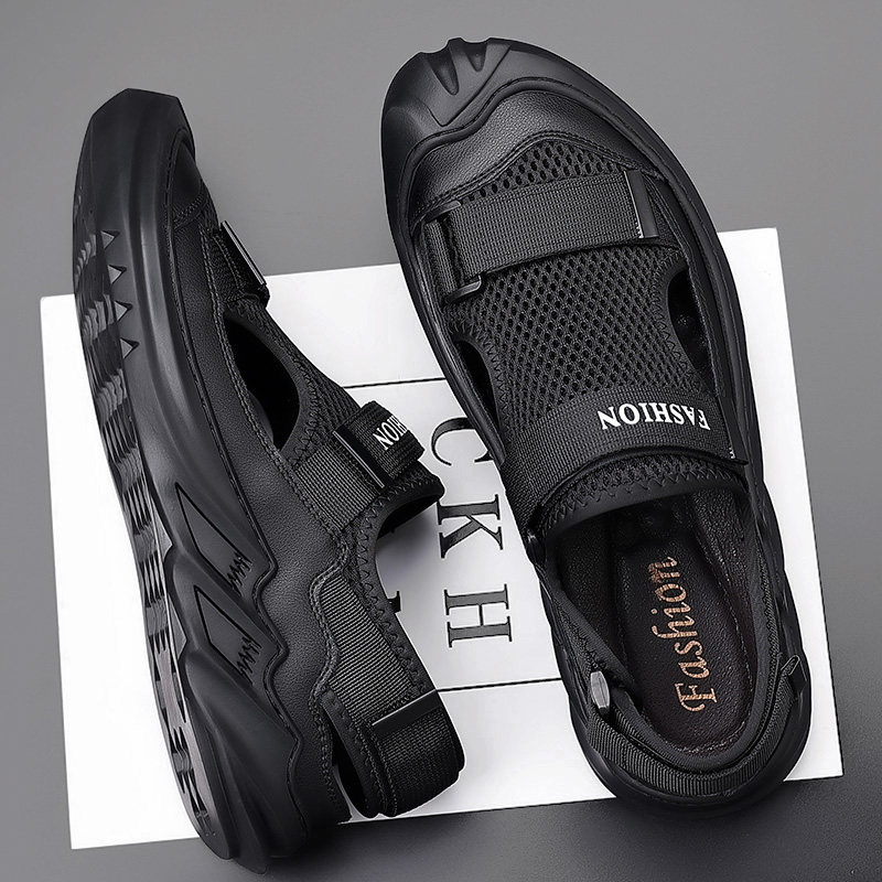 户外凉鞋男款夏季2025新款外穿包头镂空洞洞鞋防滑休闲真皮沙滩鞋