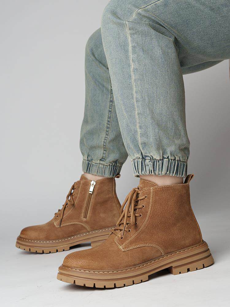 覆古侧拉炼工装马丁靴男士2025秋冬季新款高帮真皮大黄靴加绒棉鞋