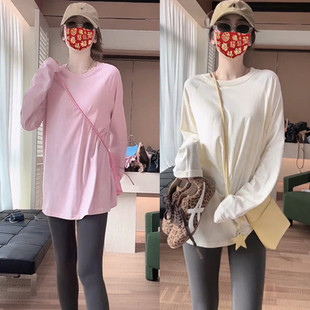 韩系慵懒风圆领简约T恤女早春中长款宽松百搭遮屁股内搭长袖上衣