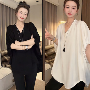 时尚不规则裁剪五分袖V领T恤女春夏中长款宽松显瘦遮肉蝙蝠袖上衣
