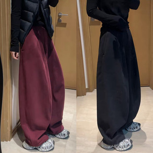 宽松高腰显瘦松紧腰休闲长裤 女冬季 加绒加厚无廓形弯刀阔腿裤 时尚