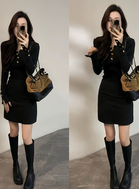 御姐风时尚金属扣V领长袖连衣裙女秋冬修身显瘦辣妹包臀打底短裙