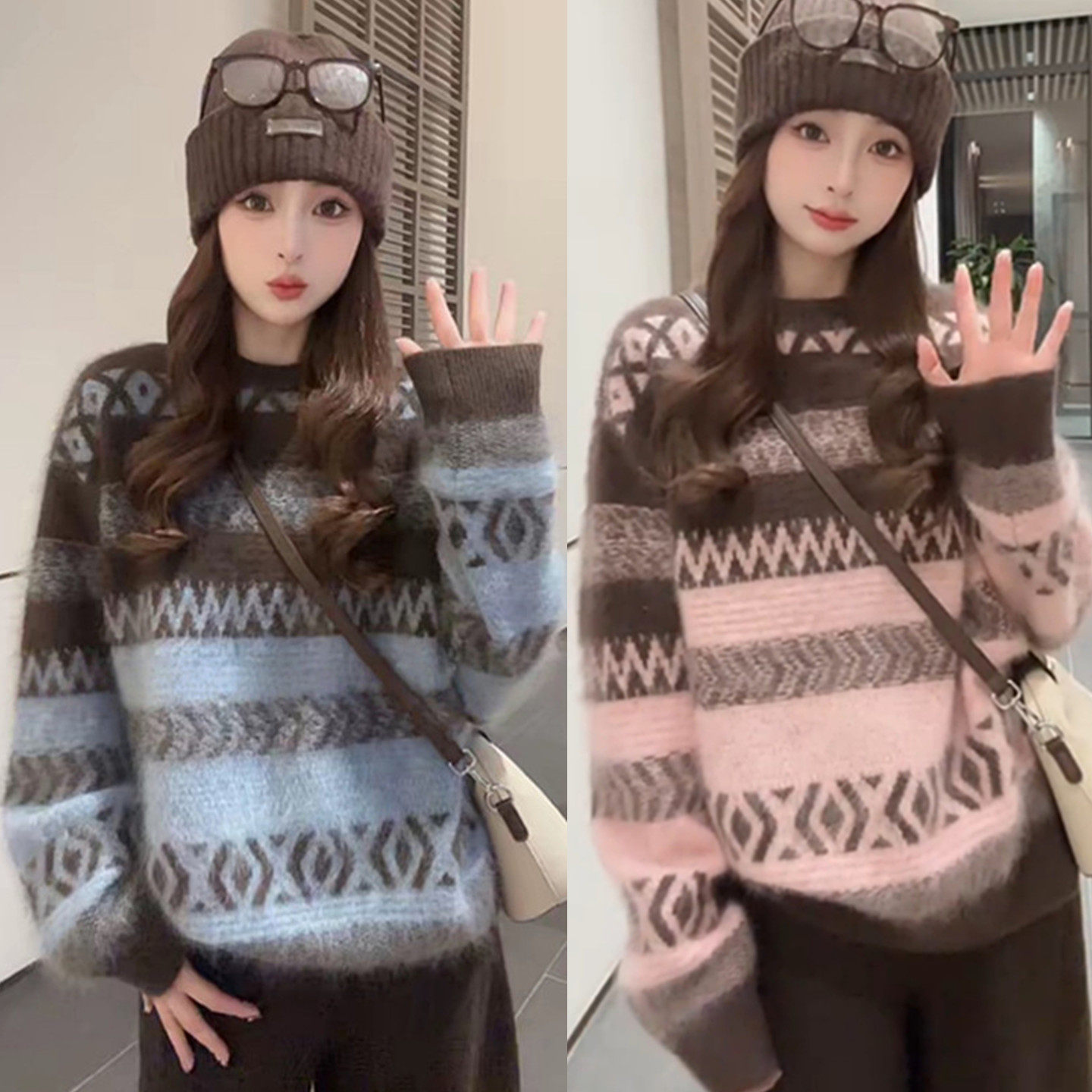 慵懒风复古菱格撞色圆领套头毛衣