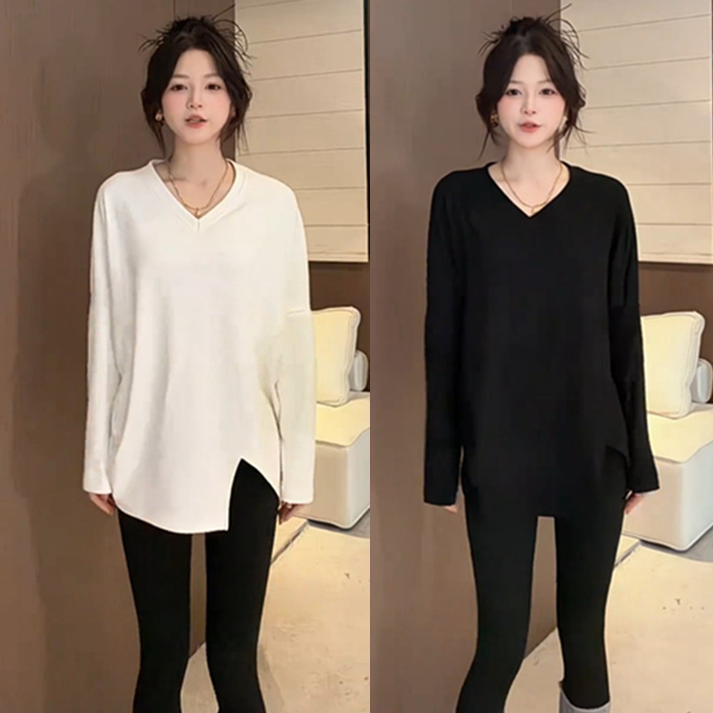 不规则V领开叉蝙蝠袖磨毛T恤