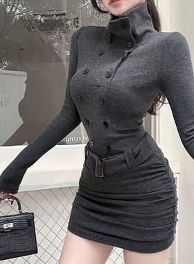 辣妹纯欲风高领双排扣连衣裙女秋冬时尚收腰显瘦性感内搭包臀短裙