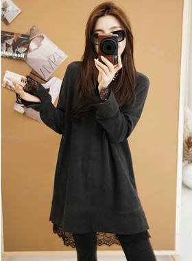 中长款双面德绒手袖开叉下摆睫毛蕾丝拼接T裙女冬季显瘦打底上衣