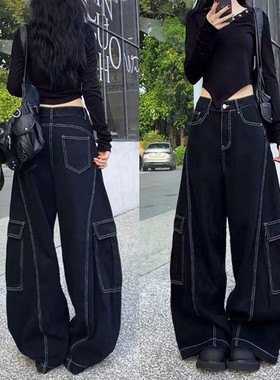 时尚立体裁剪明线结构水洗休闲阔腿牛仔裤女秋季高腰显瘦直筒裤子
