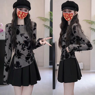 国风水墨印花网纱长袖T恤女秋季时尚百搭不规则下摆开叉显瘦上衣