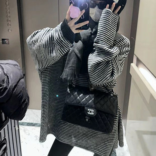 时尚表层绒毛感条纹撞色毛衣女秋冬百搭宽松显瘦中长款遮屁股上衣