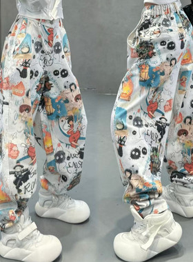 美式街头漫画彩色涂鸦牛仔裤女春季洋气高腰显瘦宽松阔腿休闲裤潮