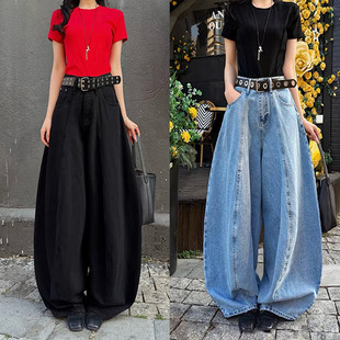 休闲百搭高腰宽松长裤 女春季 结构裁片洗水弯刀阔腿牛仔裤 高街时尚