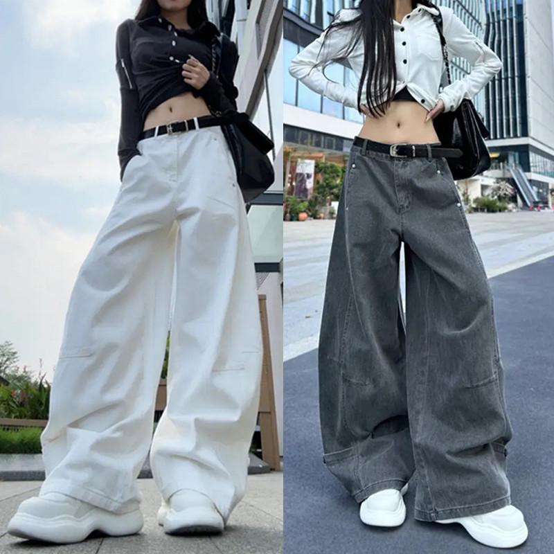 高街时尚拼接微弯刀阔腿牛仔裤女秋慵懒百搭宽松显瘦松弛感拖地裤