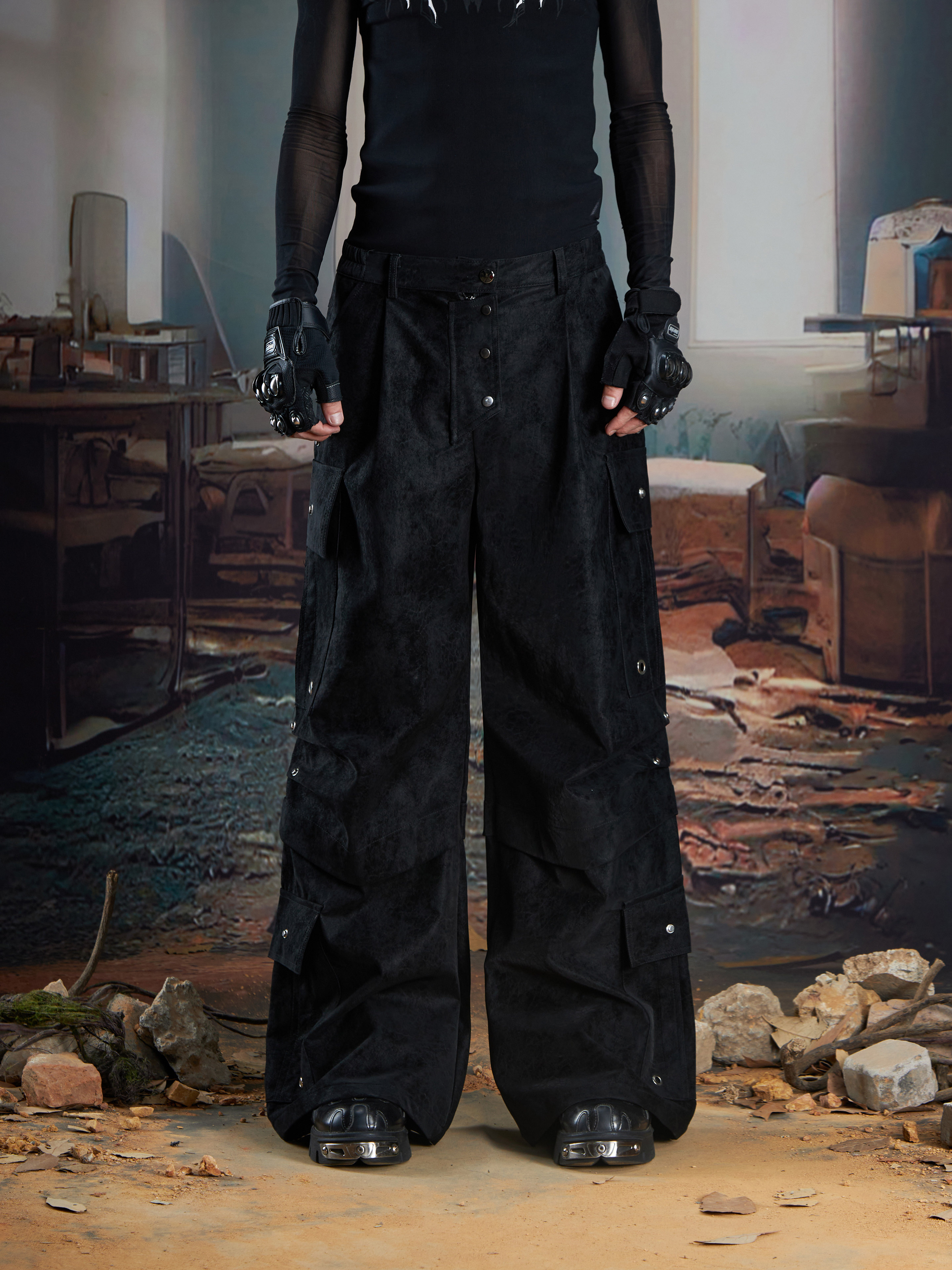 thumbnail for No Man's Island Custom Matte Leather Multi-Pocket Rivets Pinch Folded Straight Mid-High Waisted Leather Pants for Men and Women