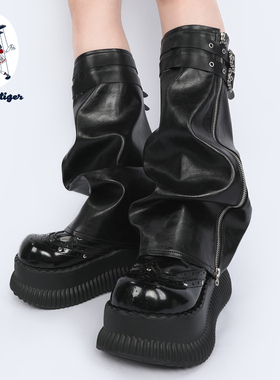 purple tiger【原创】赛博朋克风黑色Y2K腿套 皮质辣妹风堆堆腿套