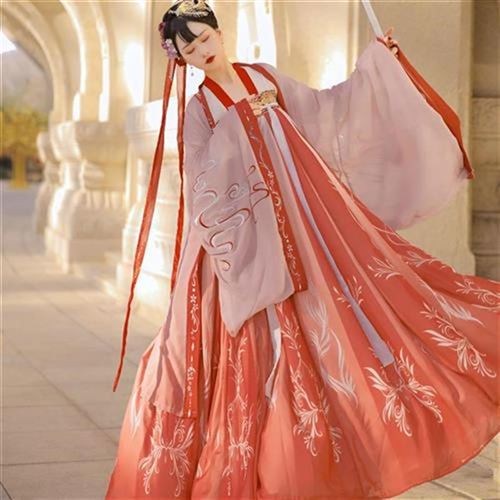 高档渡{洛兰]国创n汉服女u原胸对襦裙印f花 风大袖中齐襟6米摆奢