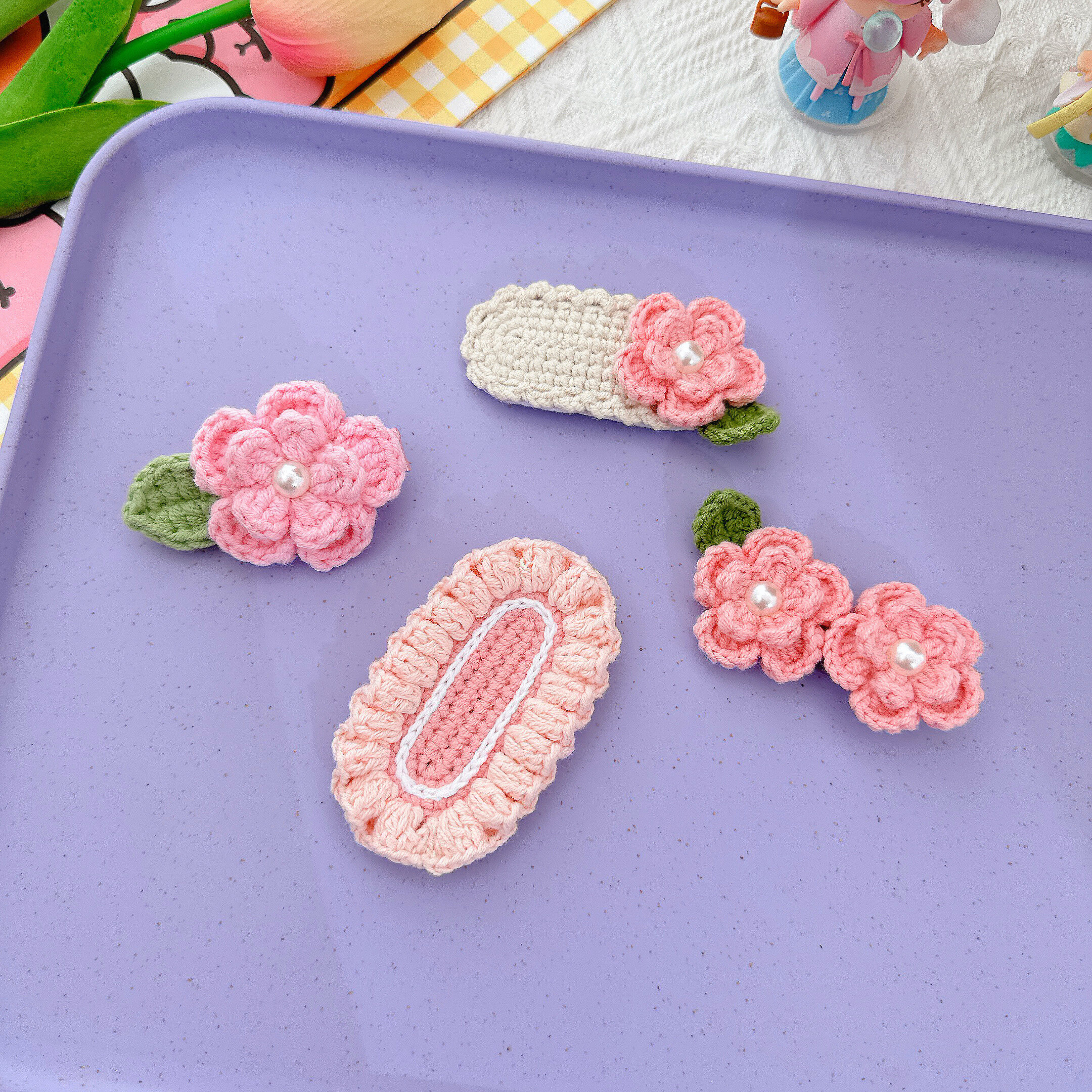 diy钩针蔷薇花发夹发饰材料包刘海碎发夹子毛线编织手工小饰品夹