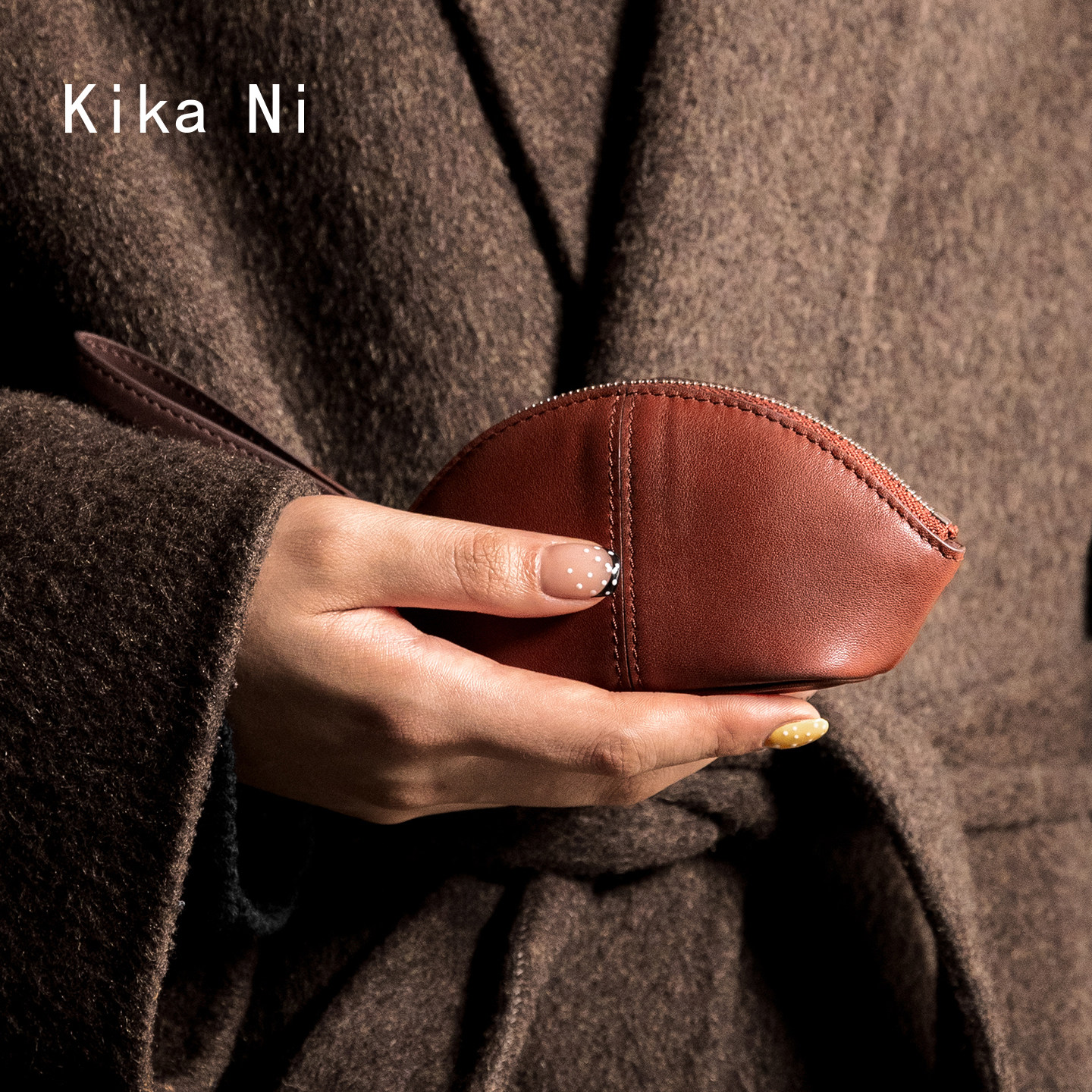 kikani复古极简风扇形零钱包女高级感真皮贝壳钥匙包mini配饰小包