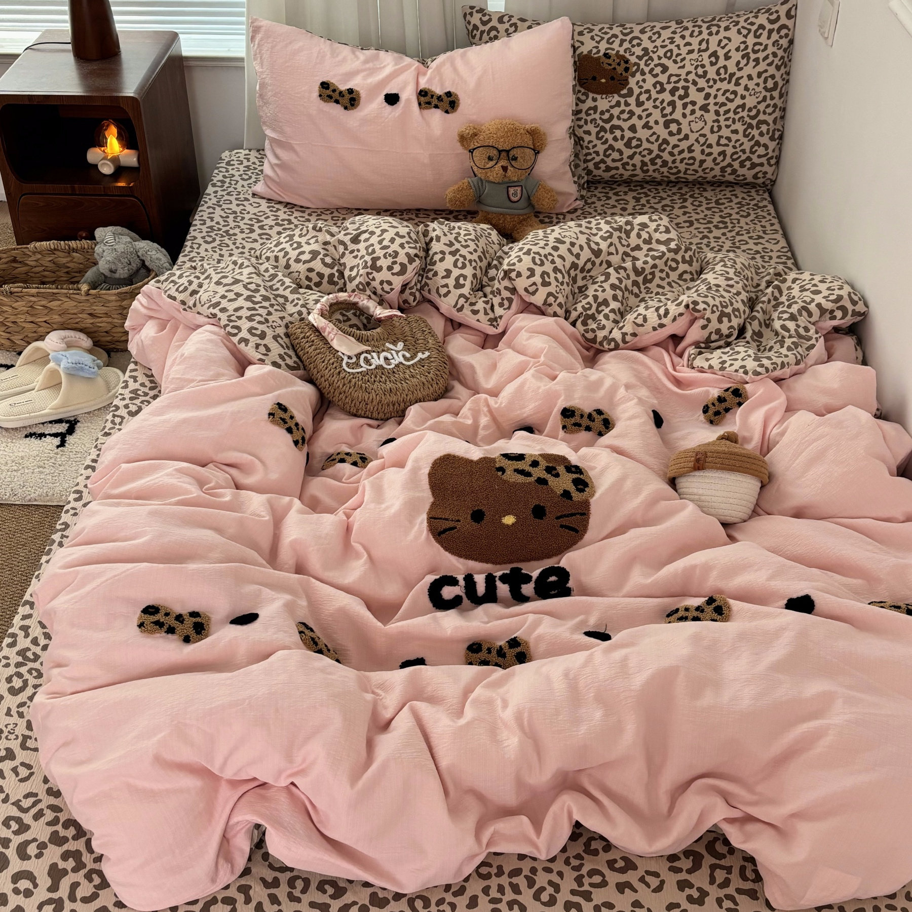 少女卡通粉色豹纹猫咪纯棉四件套