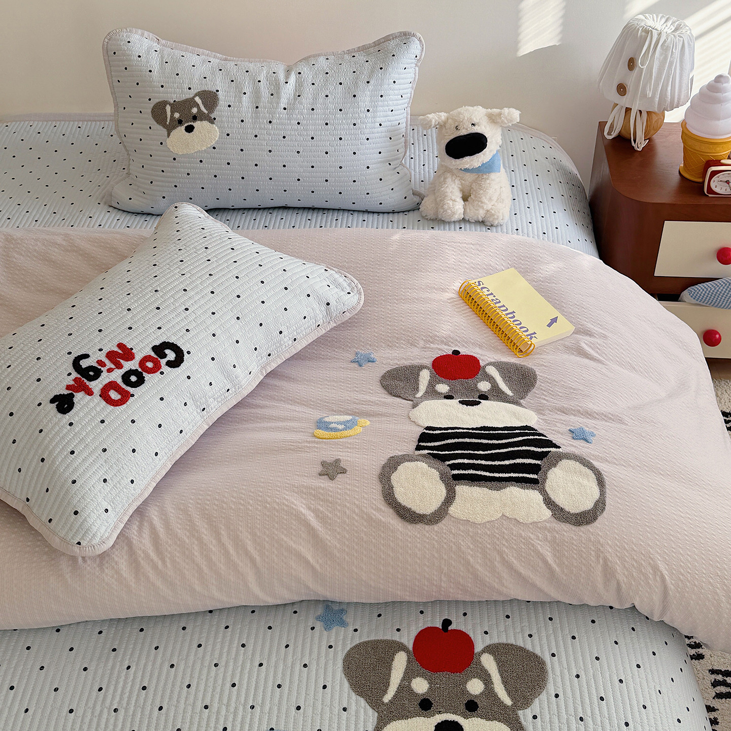 韩系少女波点小狗毛巾绣泡芙棉床盖四件套亲肤软糯被套床盖三件套