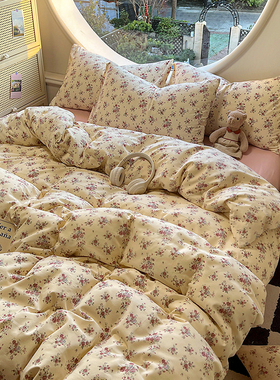 田园ins复古小碎花双层纱水洗棉四件套纯棉被套全棉床单三件套1.8