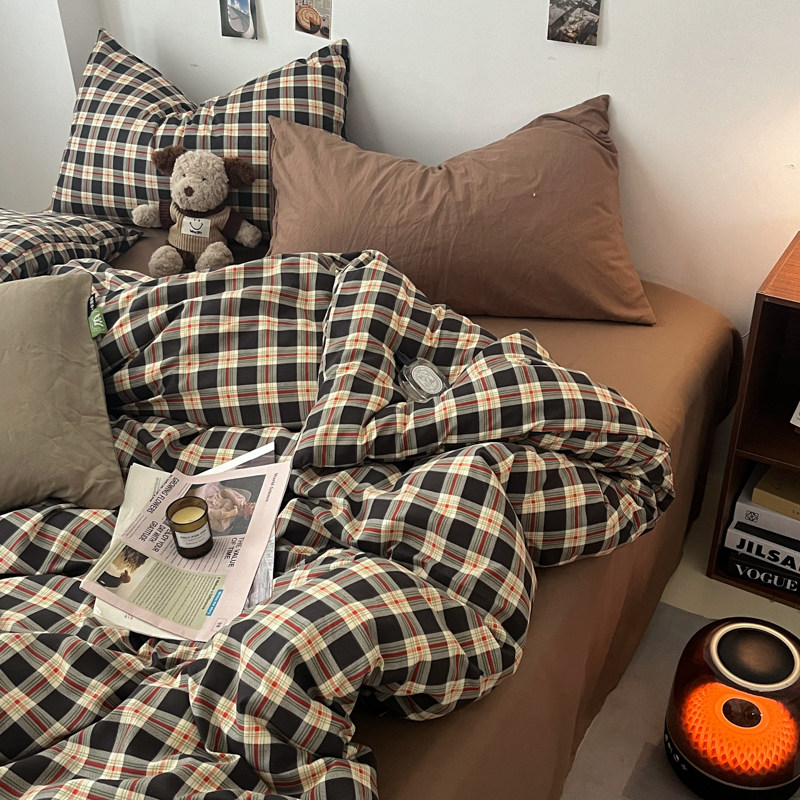 英伦风复古黑格水洗棉床上四件套亲肤软糯非全棉纯棉被套床单床品