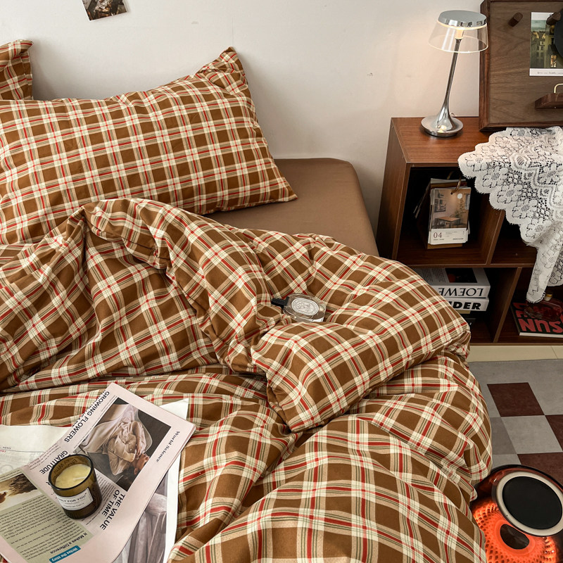 ins复古英伦咖格水洗棉床上四件套亲肤软糯被套床单学生三件套1.5