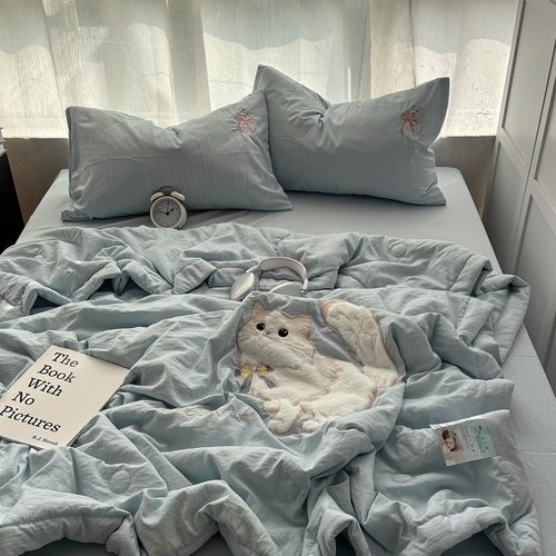 少女奶猫贴布绣夏被四件套空调被