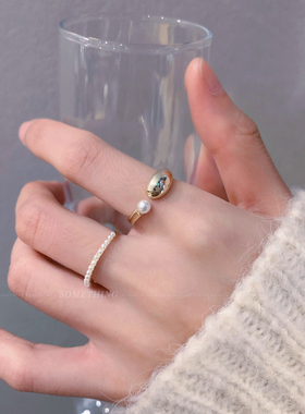 简约时尚开口戒指轻奢小众高级感珍珠一字戒2024新款气质百搭指环