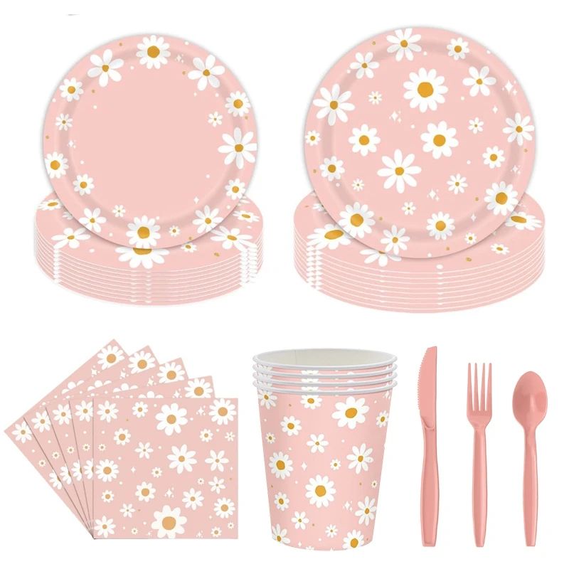 24pcs 7/9inch Pink Daisy Theme Disposable Tableware Flower P