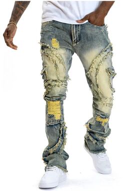 Men Ripped Stacked Jeans Disressed Slim Fit Skinny Straight