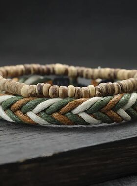 New 2Pcs Natural Coconut Husk Wood Bracelet Set For Men Lava