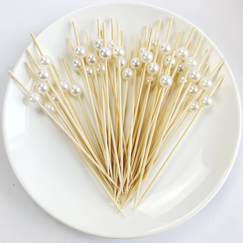 100/50Pcs Wedding Pearl Disposable Bamboo Skewers Wooden Coc