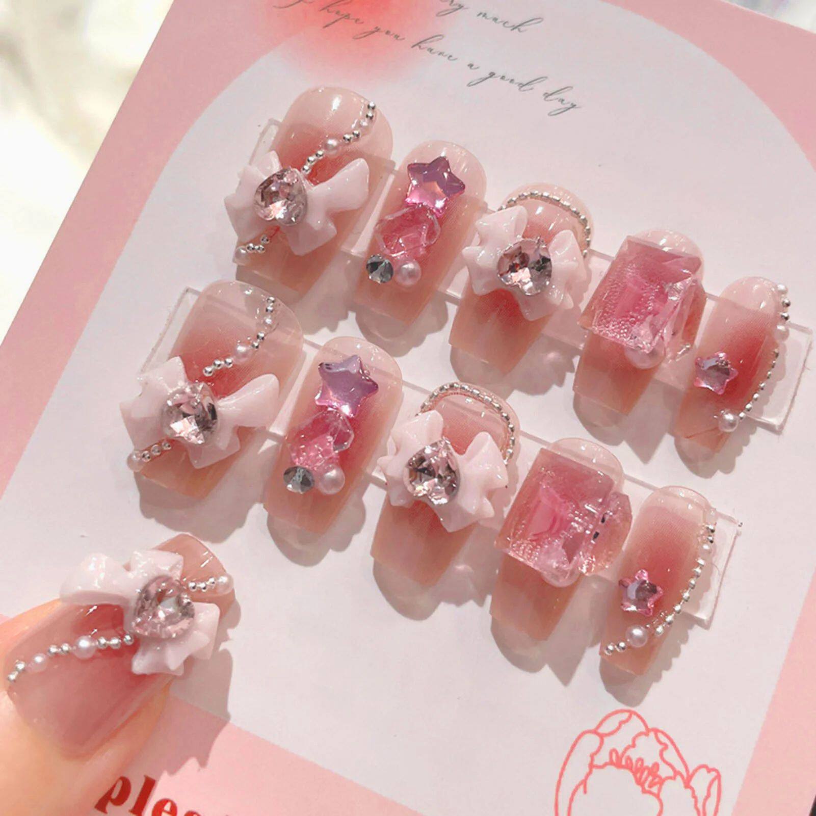 24pcs Sweet Cute Bow False Nails with Pink Crystal Design Ko