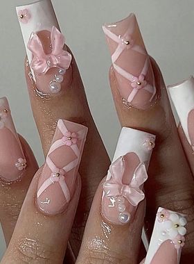 24pcs Ballet Fake Nails Summer Pink White Bow Design French
