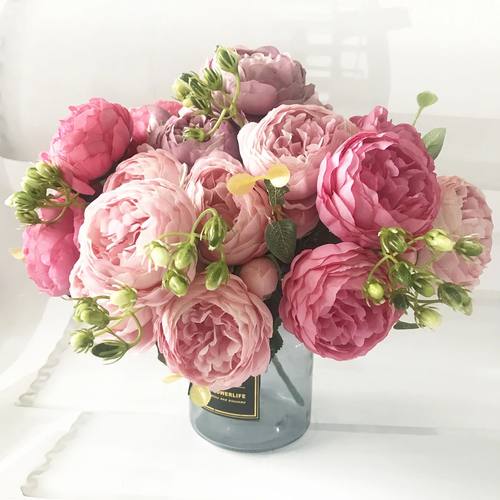 30cm Rose Pink Silk Peony Artificial Flowers Bouquet 5 Big H