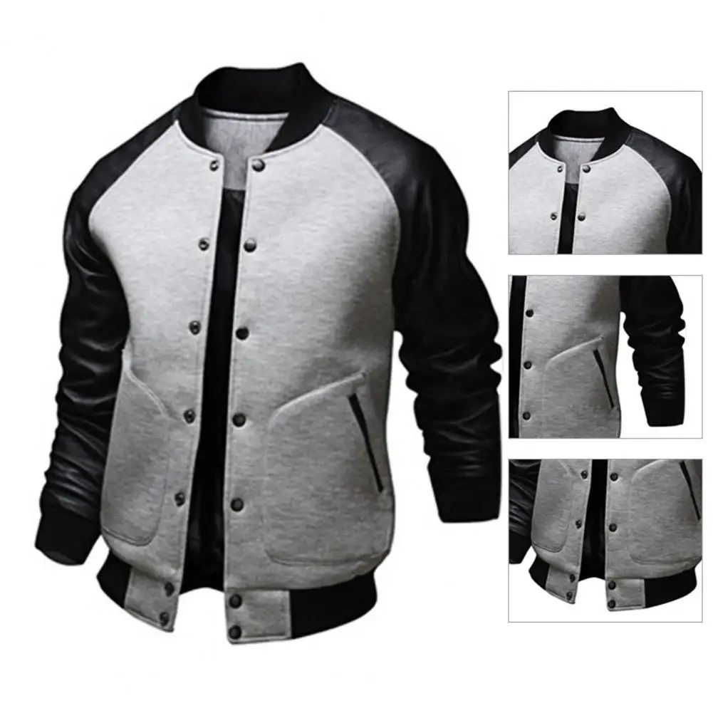 rendy Baseball Jacket Soft Stand Collar Faux Leather Stitchi
