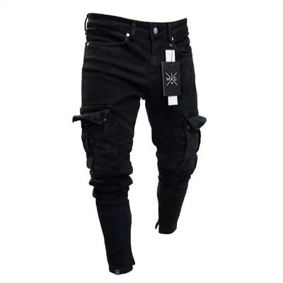 Sretch Jeans for Men Black Big Side Pockets Cargo Male Jeans