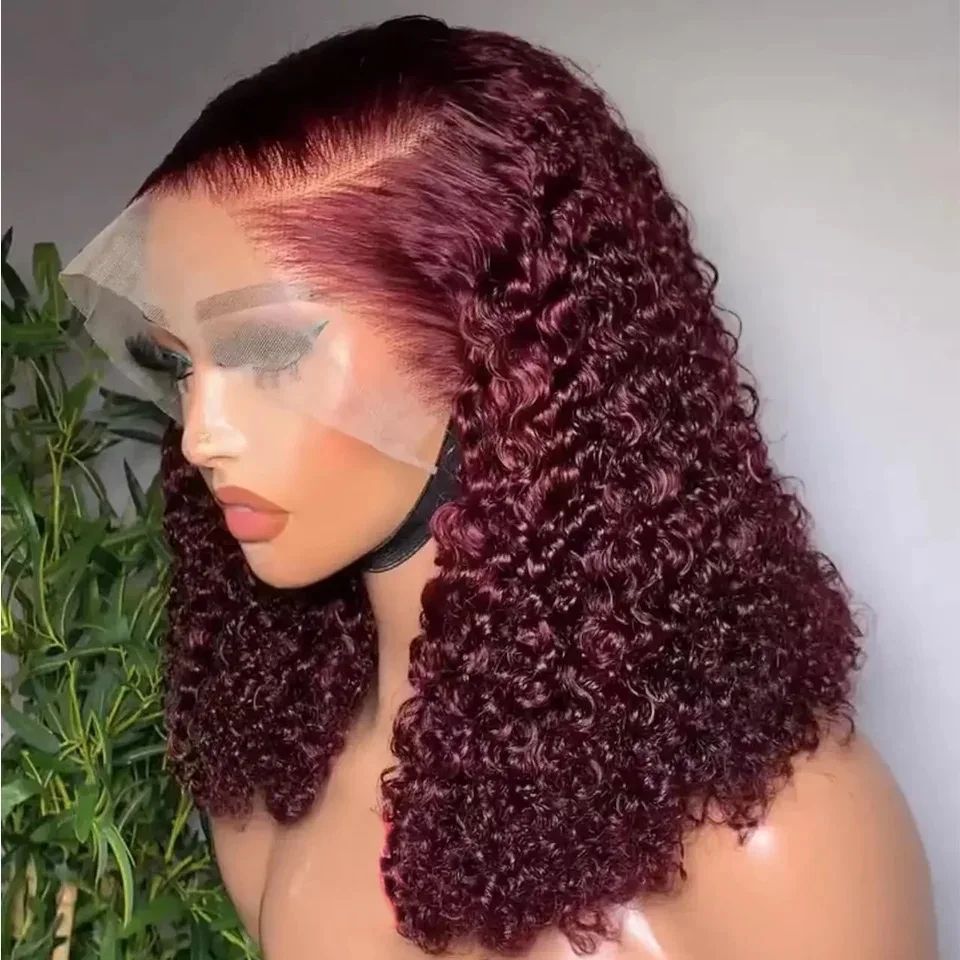 Water Wave Short Bob Cut 99J Red Burgundy Color 13X4 Lace Fr