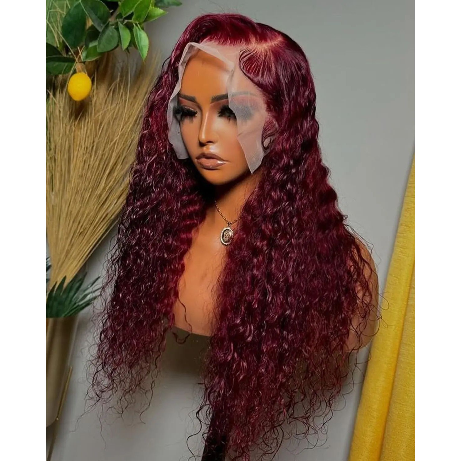 Deep Wave 13X4 Lace Frontal Wig 99J Red Burgundy Color Synth