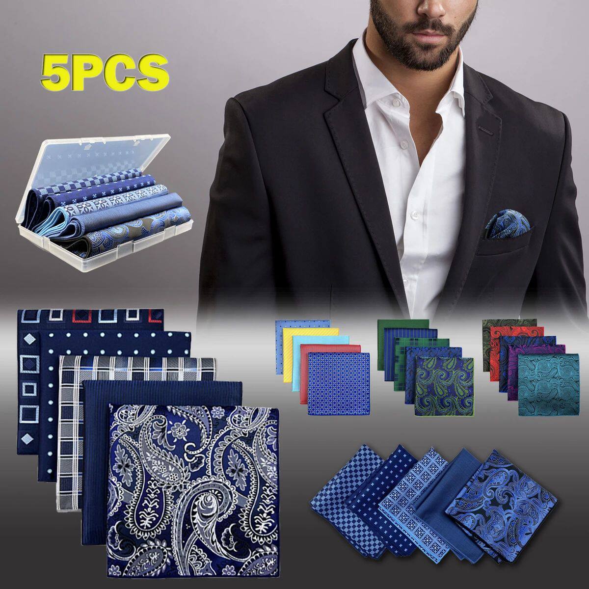5 Pieces Colorful Assorted Mens Pocket Square Classic Handke