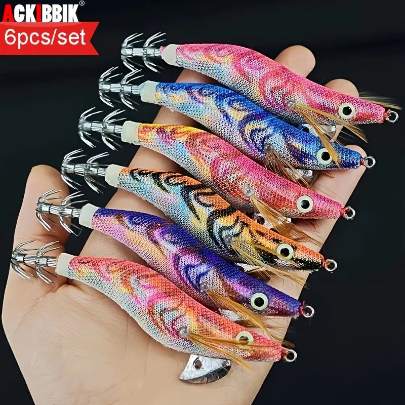 Ackibbik 6pcs/set Laser Wooden Shrimp Squid Hook Lure Saltwa