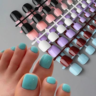 144pcs Short Square False Toe Nails Lake Blue/White/Red/Nude