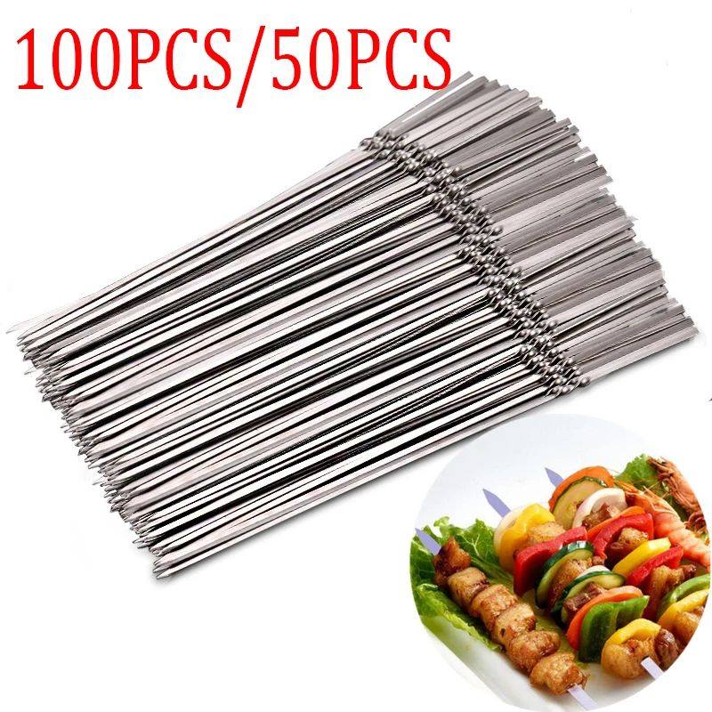 100pcs/50pcs Reusable Flat Stainless Steel Barbecue Skewers