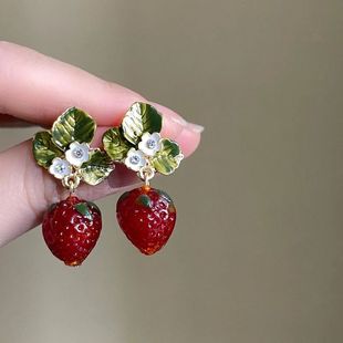 cate Red Strawberry Flower Drop Earrings for Women 3D Simula